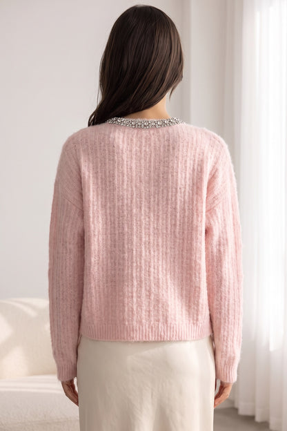 Pastel Pink Mohair-Blend Knit Cardigan with Rhinestone Embellishment pastel pink mohair-blend knit cardigan - product view 3