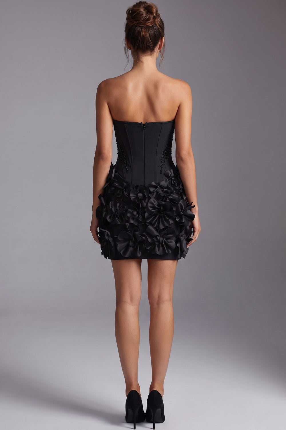 Black Structured Corset Mini Dress with 3D Floral Skirt black structured woven crepe dress - product view 3