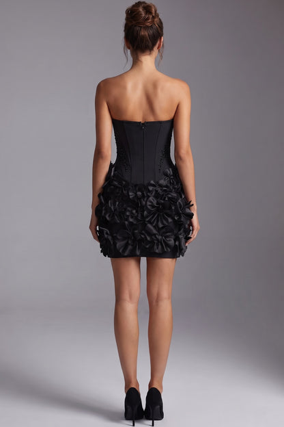 Black Structured Corset Mini Dress with 3D Floral Skirt black structured woven crepe dress - product view 3