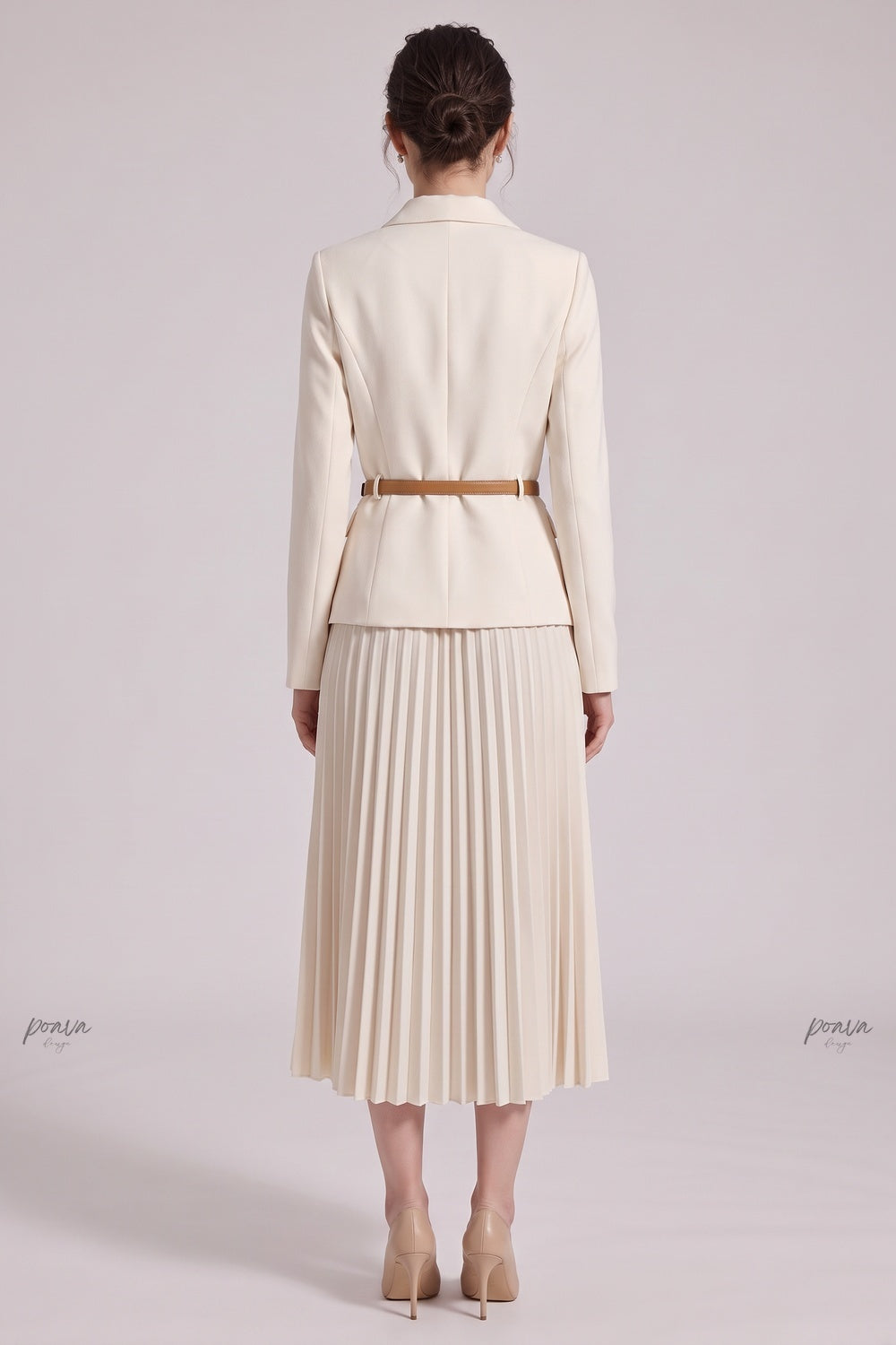 Cream Structured Crepe Blazer and Pleated Skirt Set cream, off-white structured crepe blazer and pleated skirt set - product view 3