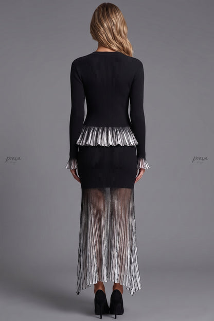 Black Ribbed Knit Two-Piece Set with Metallic Pleated Peplum black ribbed knit two-piece set - product view 3