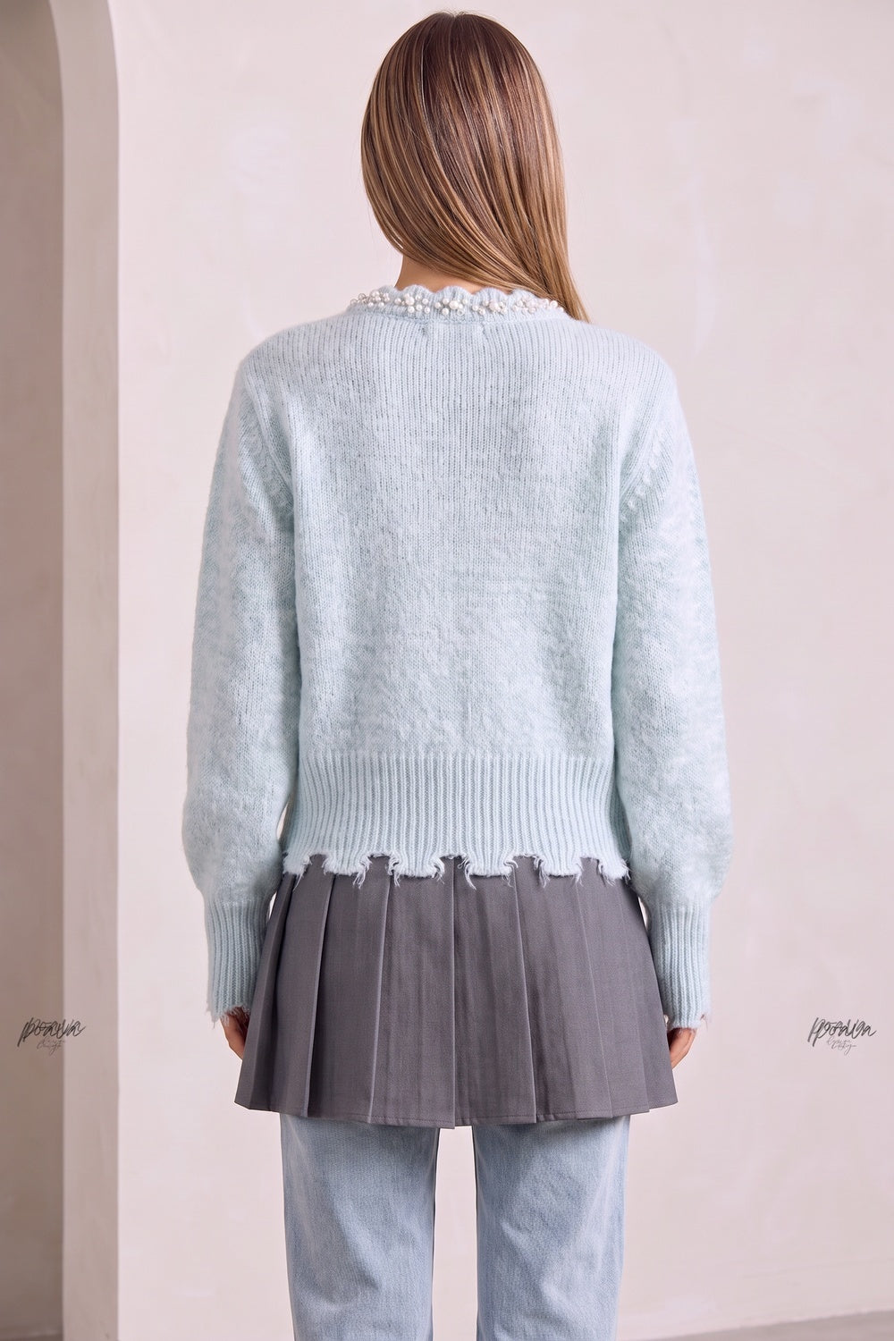 Light Blue Fuzzy Mohair-Blend Cropped Cardigan light blue fuzzy mohair-blend knit cardigan - product view 3