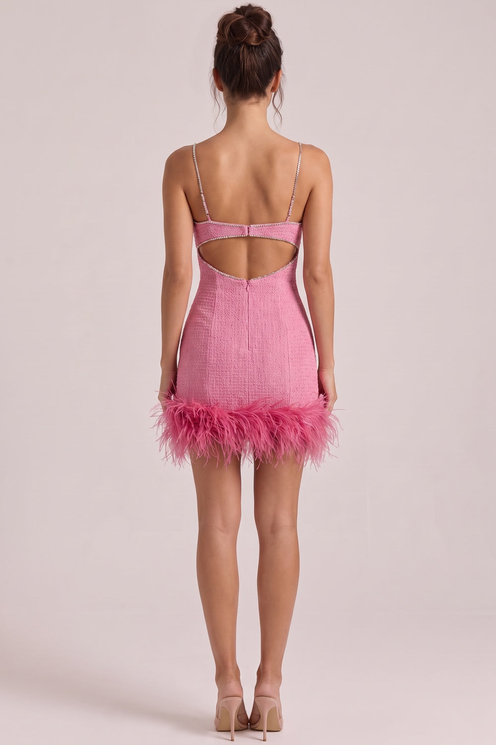 Pink Tweed Sheath Mini Dress with Rhinestone Cutout and Feather Trim pink tweed mini dress - product view 3