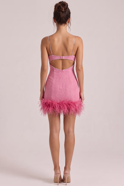 Pink Tweed Sheath Mini Dress with Rhinestone Cutout and Feather Trim pink tweed mini dress - product view 3