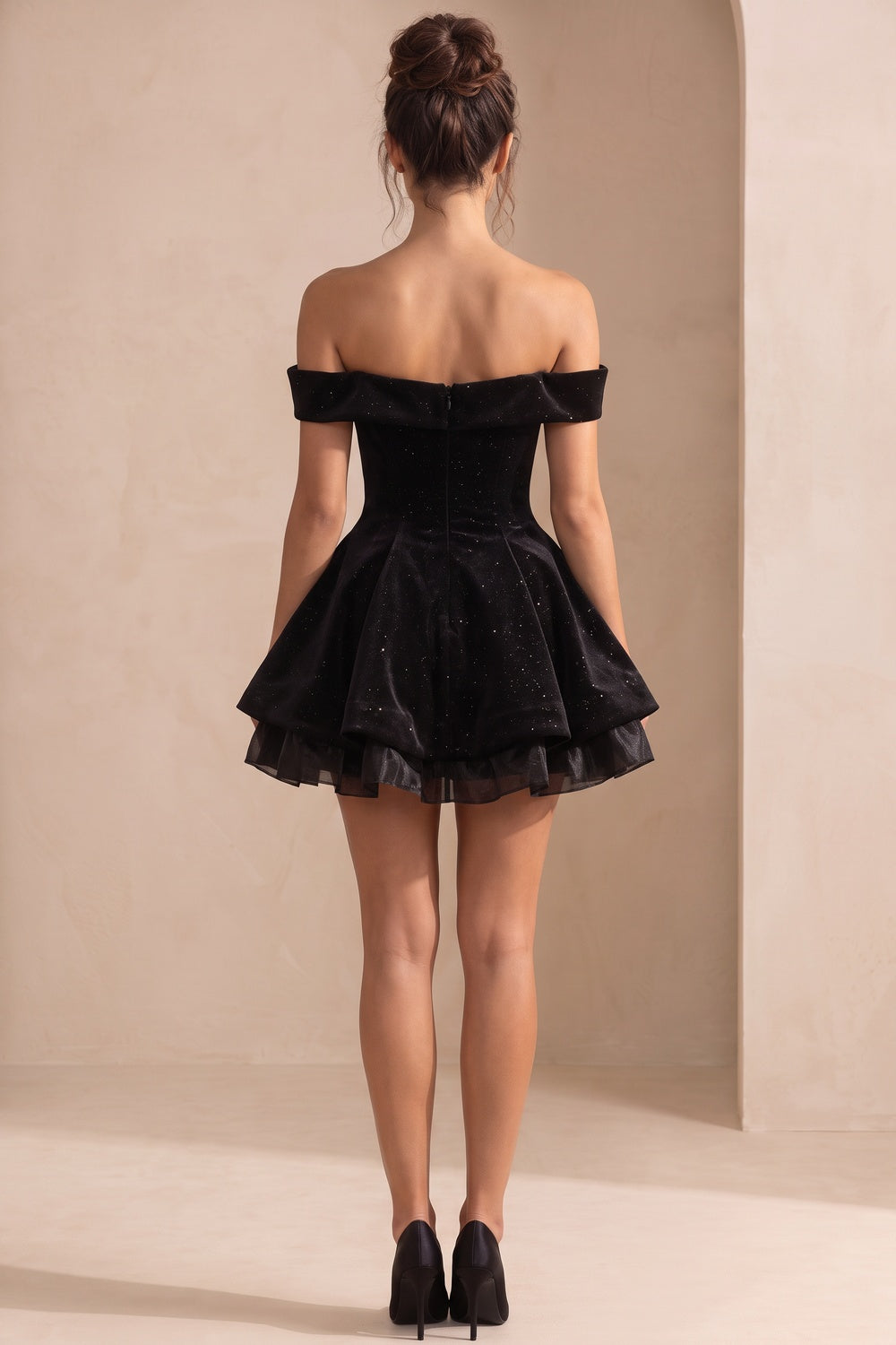 Black Velvet Fit-and-Flare Mini Dress with Rhinestone Bow black velvet dress - product view 3