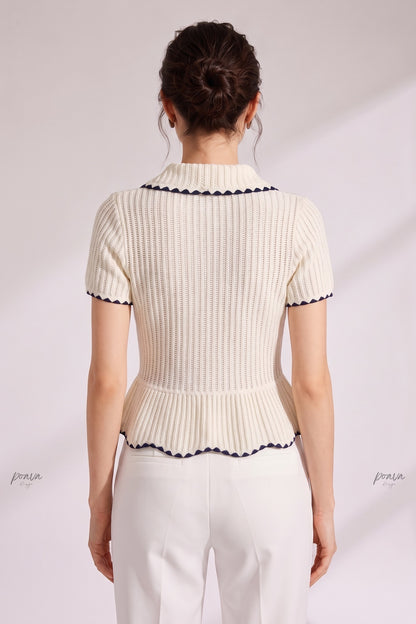 Cream Ribbed Knit Peplum Short-Sleeve Cardigan cream ribbed knit short-sleeve knit cardigan - product view 3