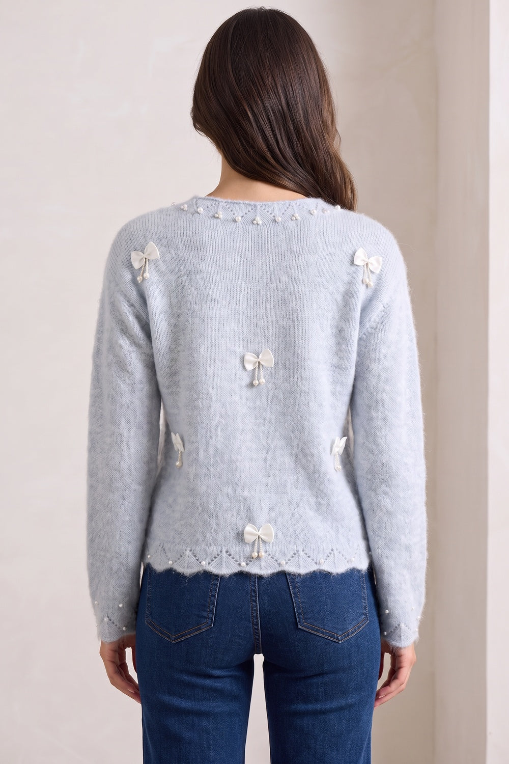 Light Ice Blue Fuzzy Mohair-Blend Knit Sweater light ice blue fuzzy mohair-blend knit sweater - product view 3