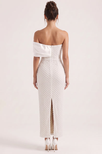 White Beaded Mesh Column Dress with Asymmetrical Satin Bow white beaded mesh dress - product view 3
