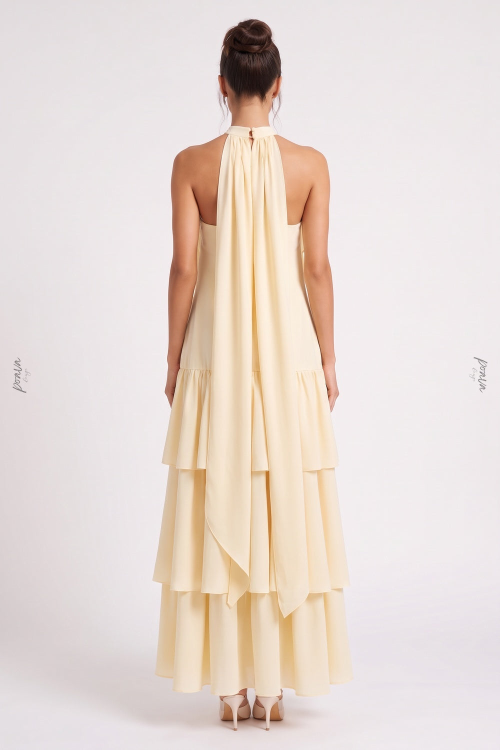 Pale Yellow Tiered A-Line Maxi Dress with Cascading Ruffles pale yellow lightweight crepe or georgette maxi dress - product view 3