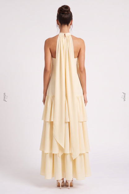 Pale Yellow Tiered A-Line Maxi Dress with Cascading Ruffles pale yellow lightweight crepe or georgette maxi dress - product view 3
