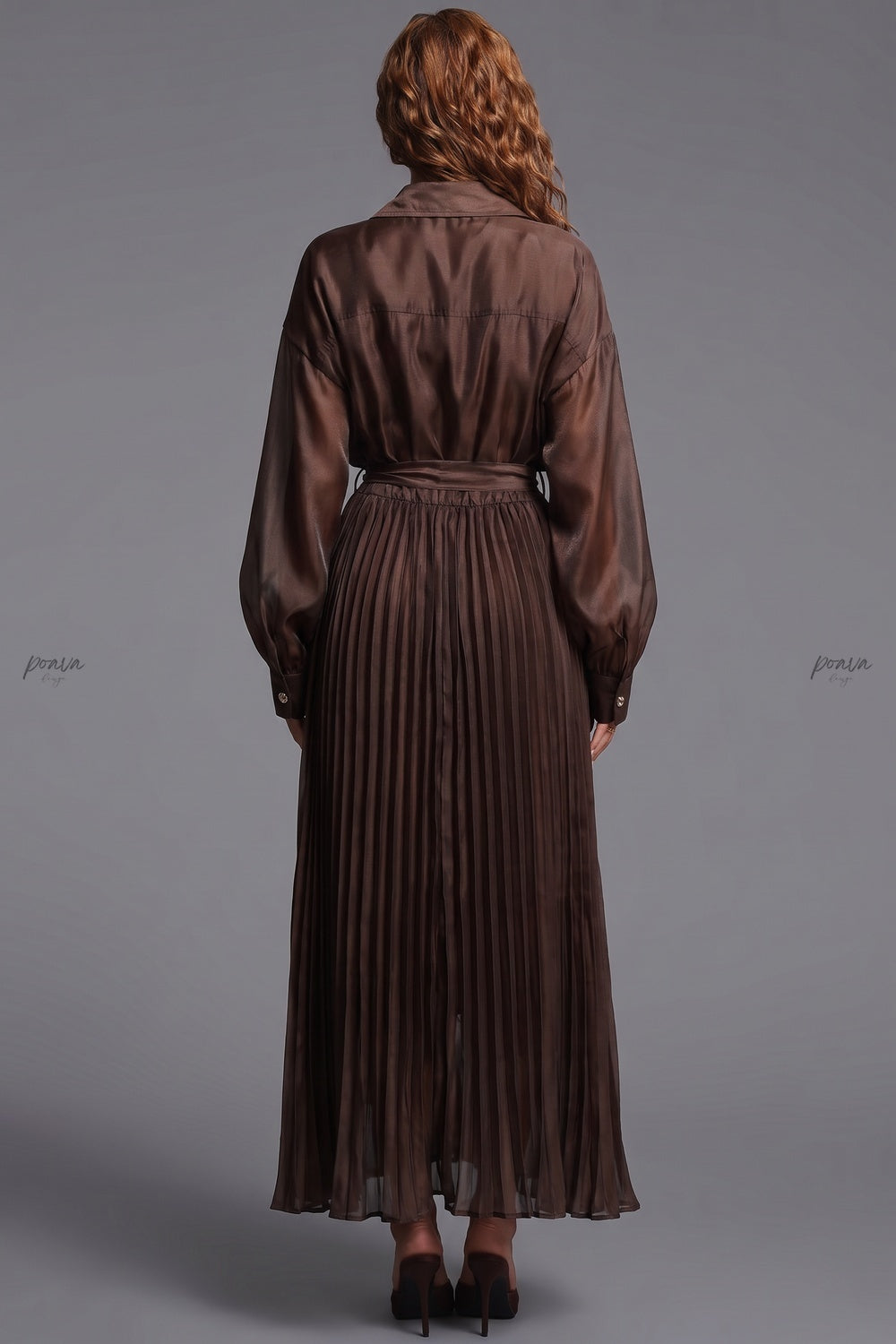 Chocolate Brown Semi-Sheer Organza-Like A-Line Maxi Shirt Dress chocolate brown semi-sheer organza-like fabric maxi shirt dress - product view 3
