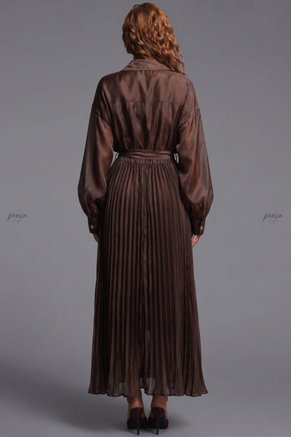 Chocolate Brown Semi-Sheer Organza-Like A-Line Maxi Shirt Dress chocolate brown semi-sheer organza-like fabric maxi shirt dress - product view 3