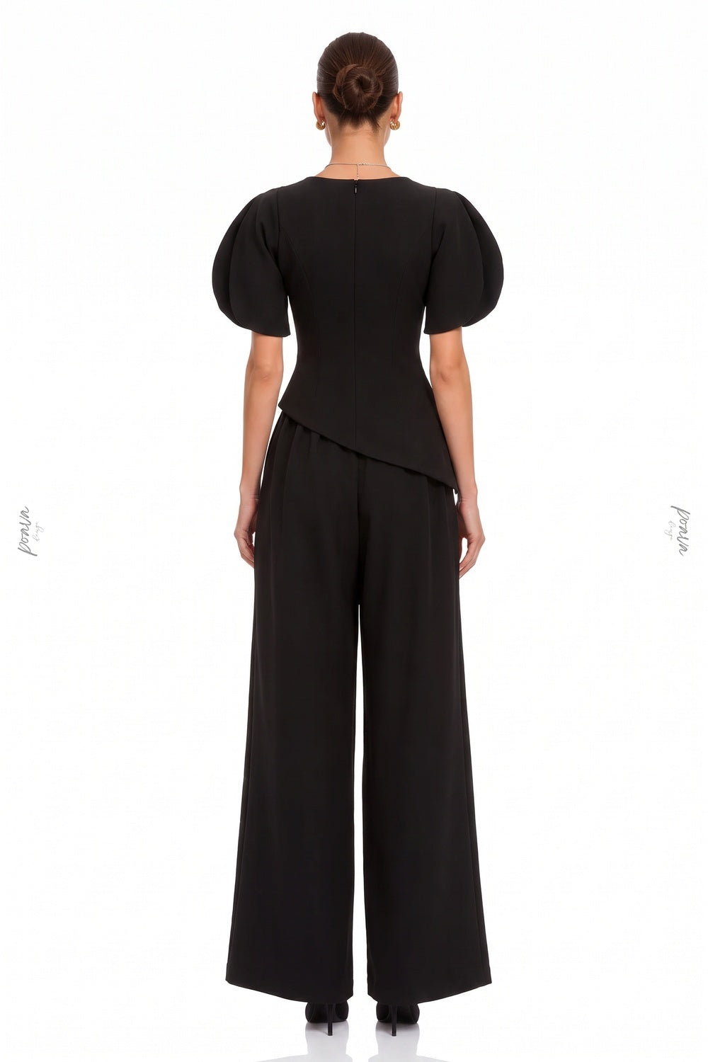 Black Structured Crepe Two-Piece Set with Puff Sleeves and Asymmetrical Peplum black Structured mid-weight crepe Two-piece set (top and trousers) - product view 3