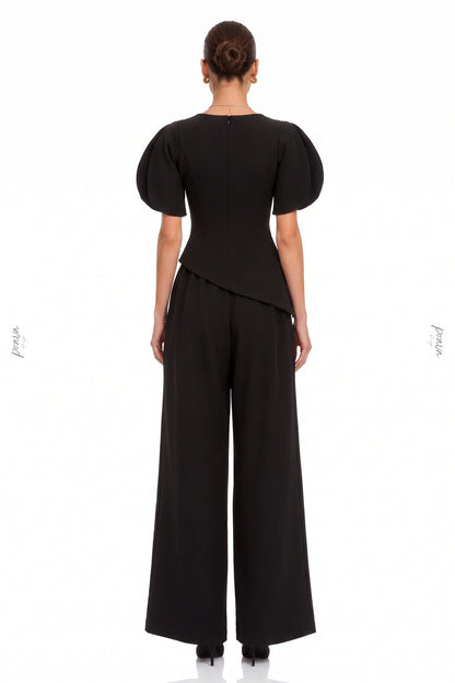 Black Structured Crepe Two-Piece Set with Puff Sleeves and Asymmetrical Peplum black Structured mid-weight crepe Two-piece set (top and trousers) - product view 3