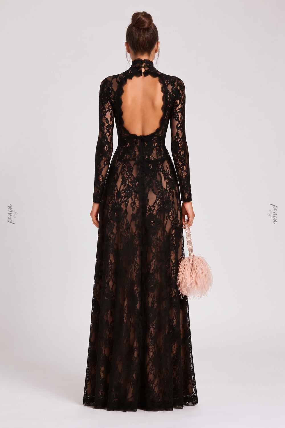 Black Floral Lace Column Gown with Front Slit and Cutouts black lace gown - product view 3