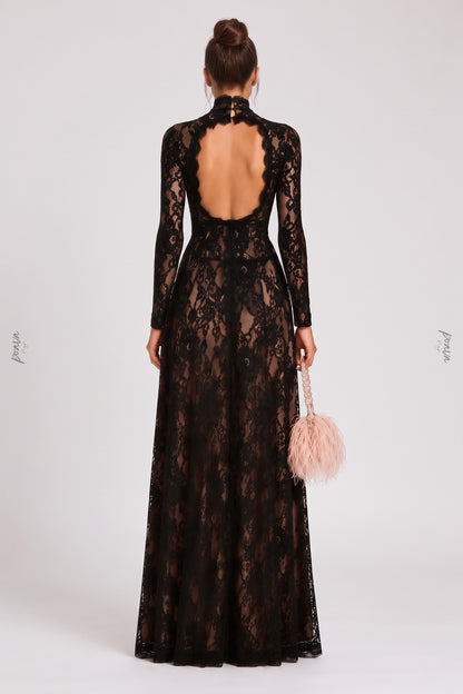 Black Floral Lace Column Gown with Front Slit and Cutouts black lace gown - product view 3