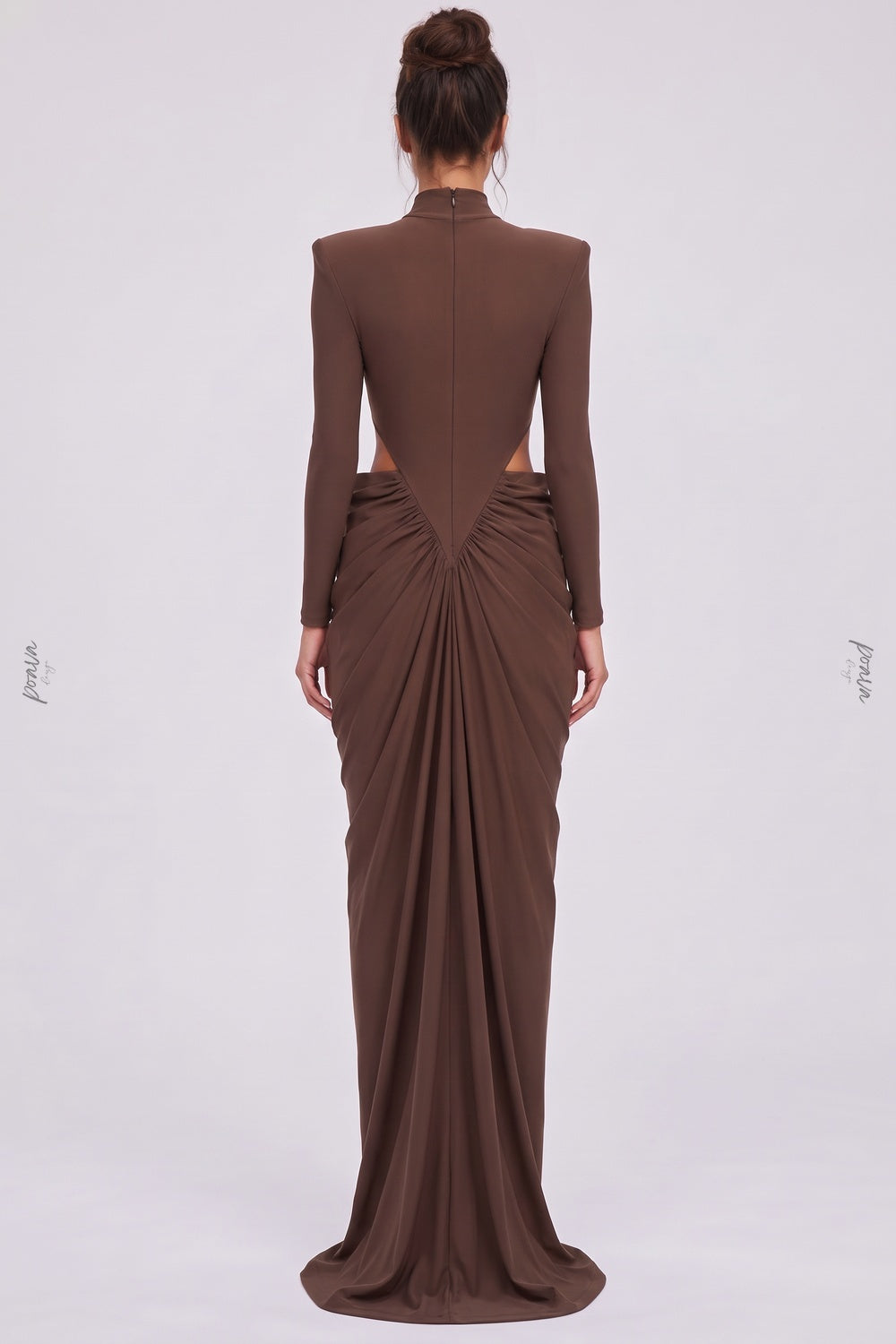 Chocolate Brown Matte Jersey Column Gown with Structured Shoulders chocolate brown matte stretch jersey gown - product view 3