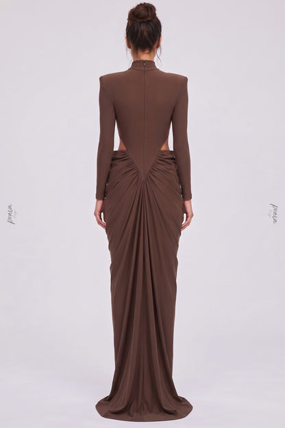Chocolate Brown Matte Jersey Column Gown with Structured Shoulders chocolate brown matte stretch jersey gown - product view 3