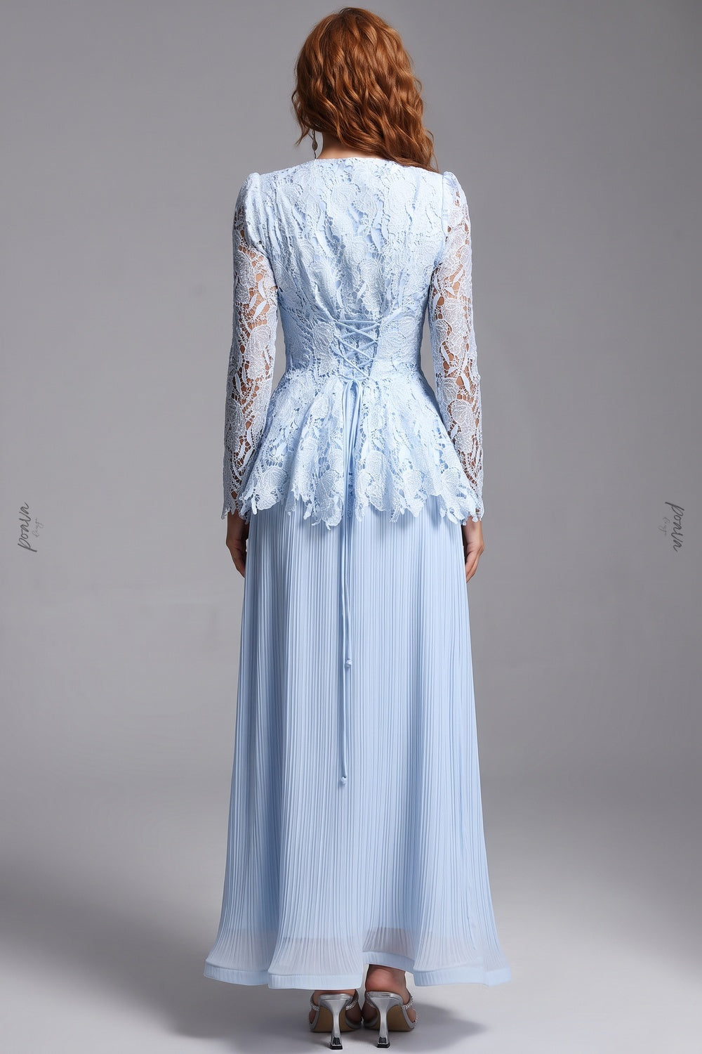 Light Blue Floral Lace Peplum Top & Pleated Maxi Skirt Two-Piece Dress Set light blue floral lace and pleated chiffon two-piece dress set - product view 3