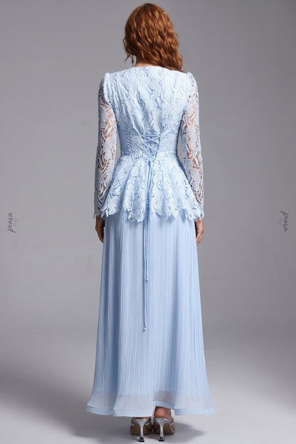 Light Blue Floral Lace Peplum Top & Pleated Maxi Skirt Two-Piece Dress Set light blue floral lace and pleated chiffon two-piece dress set - product view 3