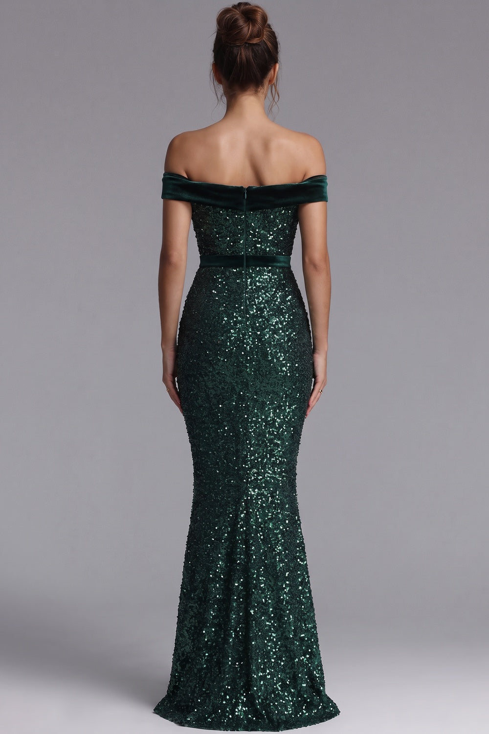 Emerald Green Sequin Mermaid Evening Gown with Off-the-Shoulder Velvet Bands emerald green sequined mesh evening gown - product view 3