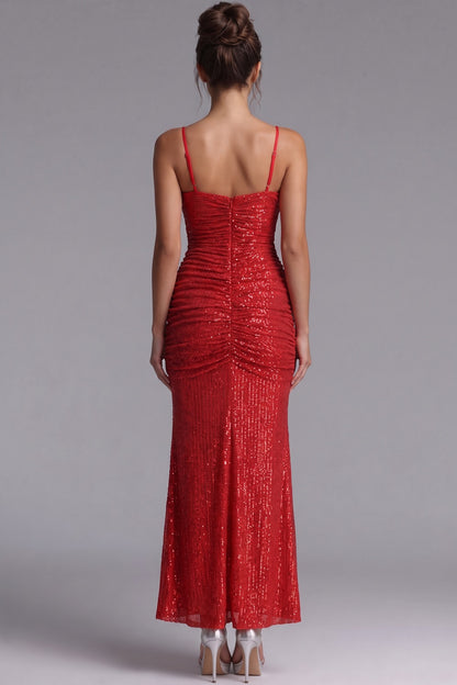 Red Sequined Mesh Bodycon Column Evening Gown red sequined mesh evening gown - product view 3