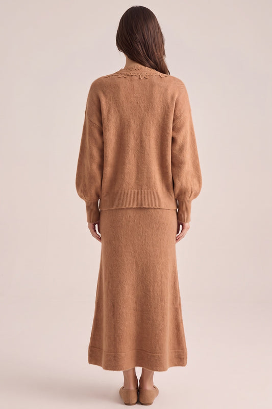 Camel Brown Fuzzy Mohair-Blend Knit Relaxed A-Line Maxi Dress with Open-Front Cardigan Two-Piece Set camel brown fuzzy mohair-blend knit two-piece knit set - product view 3