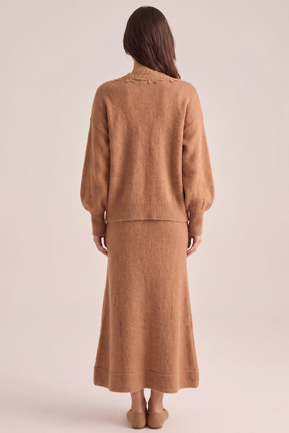 Camel Brown Fuzzy Mohair-Blend Knit Relaxed A-Line Maxi Dress with Open-Front Cardigan Two-Piece Set camel brown fuzzy mohair-blend knit two-piece knit set - product view 3