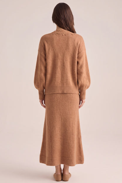 Camel Brown Fuzzy Mohair-Blend Knit Relaxed A-Line Maxi Dress with Open-Front Cardigan Two-Piece Set camel brown fuzzy mohair-blend knit two-piece knit set - product view 3