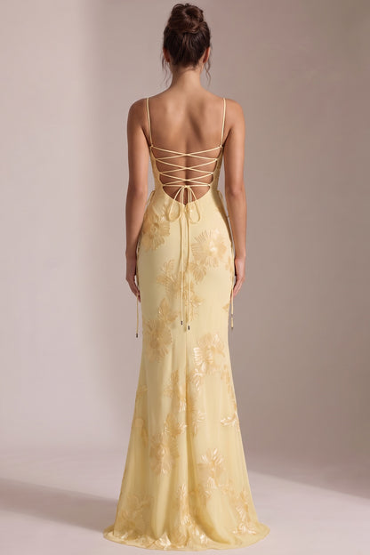 Pale Yellow Embroidered Organza Overlay Mermaid Gown pale yellow embroidered organza overlay gown - product view 3