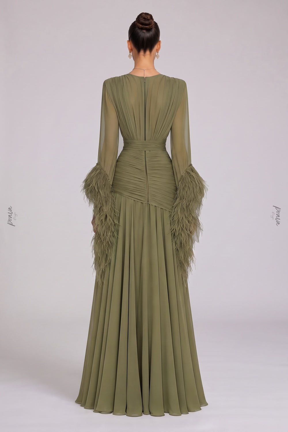 Olive Green Chiffon A-Line Evening Gown with High Slit and Feather Cuffs olive green chiffon evening gown - product view 3