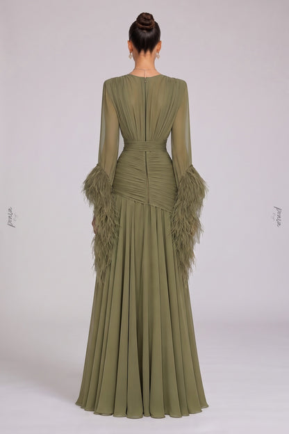 Olive Green Chiffon A-Line Evening Gown with High Slit and Feather Cuffs olive green chiffon evening gown - product view 3