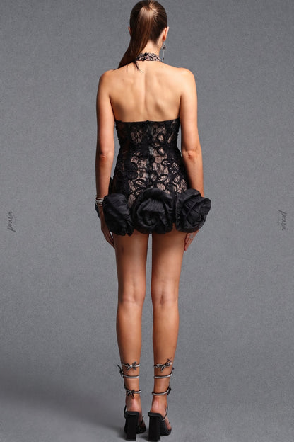 Black Floral Lace Fitted Halter Sheath Mini Dress black black floral lace mini dress - product view 3