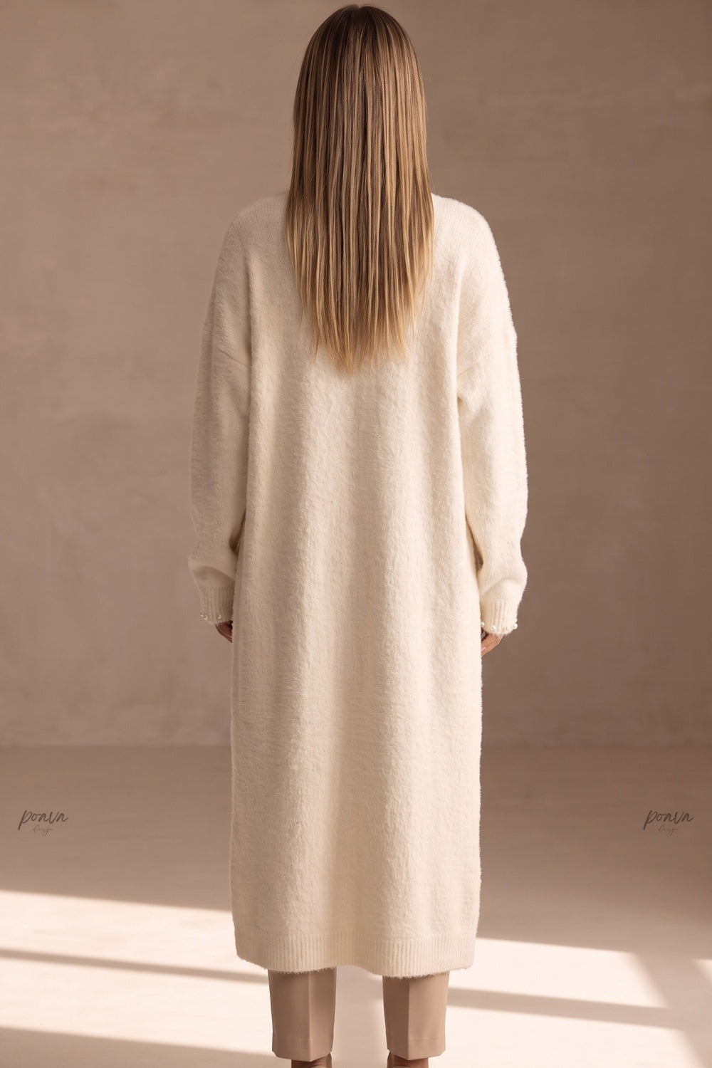 cream fuzzy knit straight oversized open-front long cardigan cream, off-white fuzzy knit long cardigan - product view 3