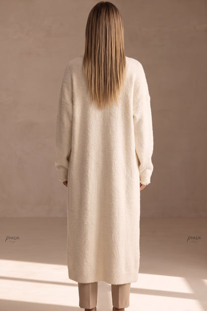 cream fuzzy knit straight oversized open-front long cardigan cream, off-white fuzzy knit long cardigan - product view 3
