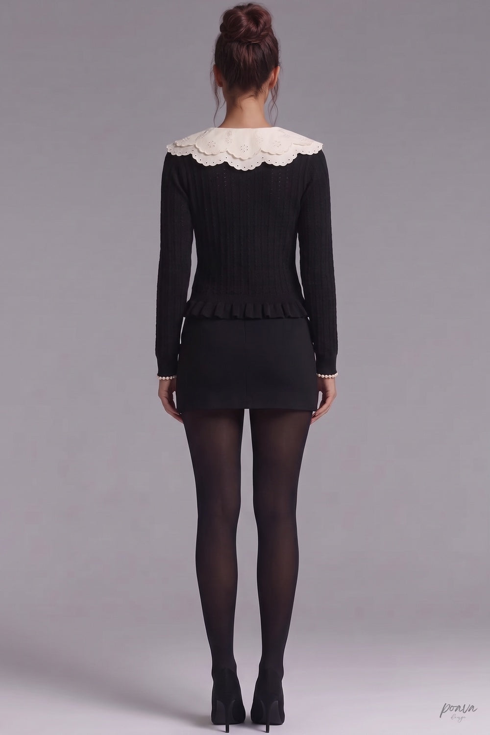 Black Peplum Cardigan with White Scalloped Collar Black Fine knit blend Cardigan - product view 3