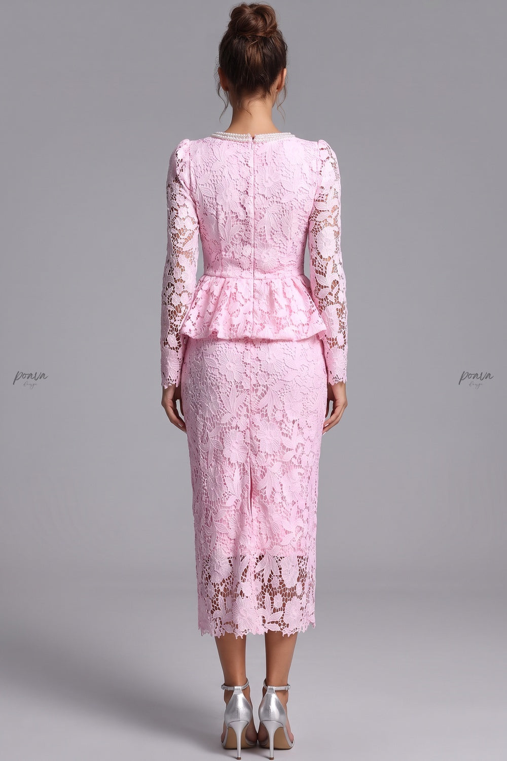 Light Pink Floral Lace Two-Piece Peplum Top and Midi Pencil Skirt Set light pink floral lace two-piece skirt set - product view 3