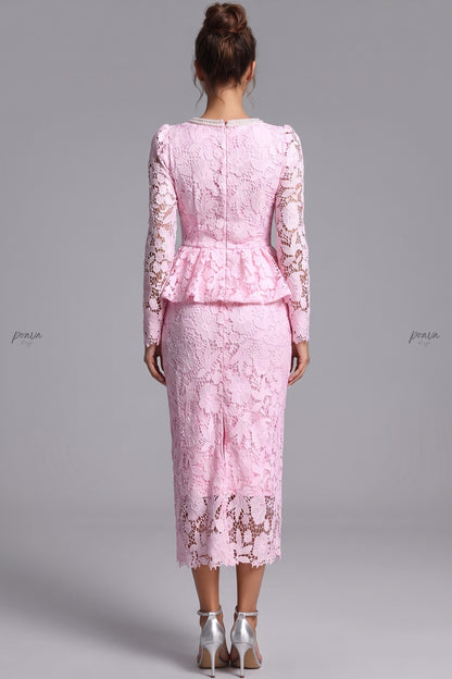 Light Pink Floral Lace Two-Piece Peplum Top and Midi Pencil Skirt Set light pink floral lace two-piece skirt set - product view 3