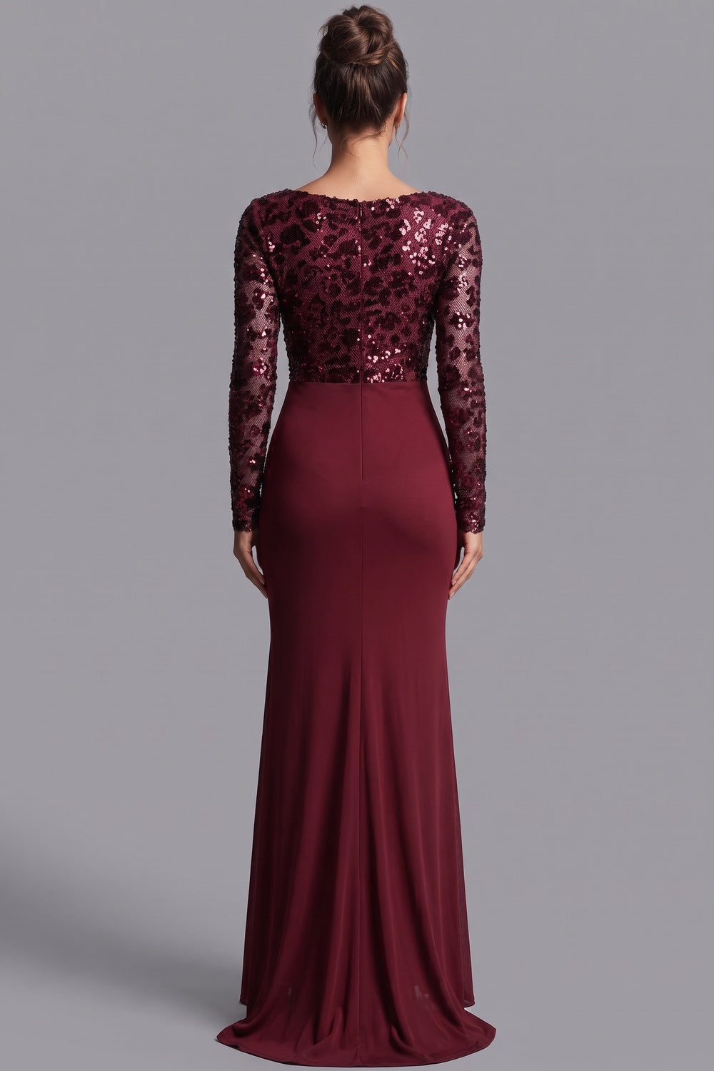 burgundy sequined mesh column evening gown burgundy sequined mesh evening gown - product view 3