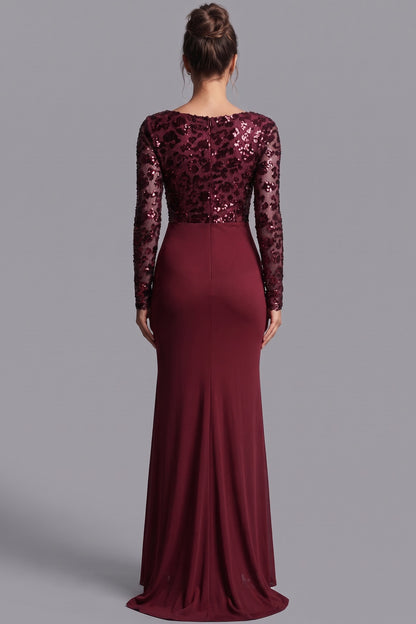 burgundy sequined mesh column evening gown burgundy sequined mesh evening gown - product view 3