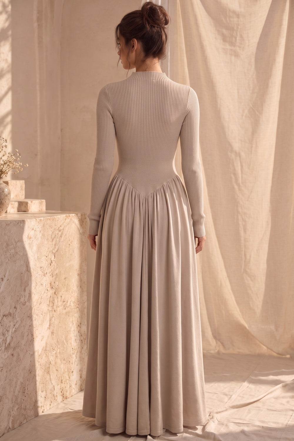 Beige Ribbed Knit Maxi Dress beige knit dress - product view 3