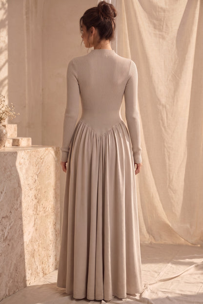 Beige Ribbed Knit Maxi Dress beige knit dress - product view 3