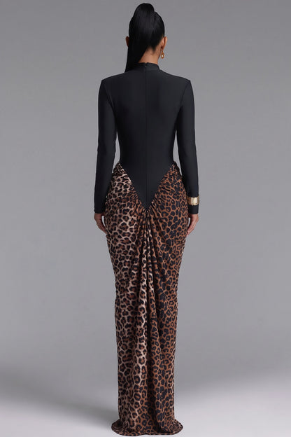 Black Matte Stretch Knit Maxi Dress with Leopard Print Draped Skirt black matte stretch knit maxi dress - product view 3