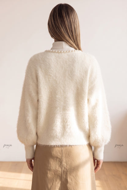 Off-White Fuzzy Mohair-Style Knit Cardigan with Pearl Trim off-white fuzzy mohair-style knit cardigan - product view 3