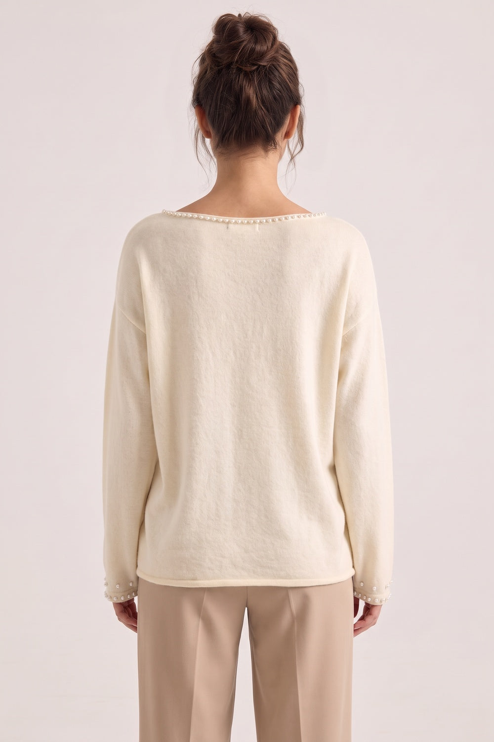 Relaxed Cream Knit Sweater with Pearl Bead Embellishments cream, off-white fine-gauge knit sweater - product view 3