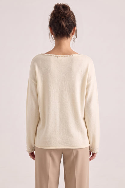 Relaxed Cream Knit Sweater with Pearl Bead Embellishments cream, off-white fine-gauge knit sweater - product view 3