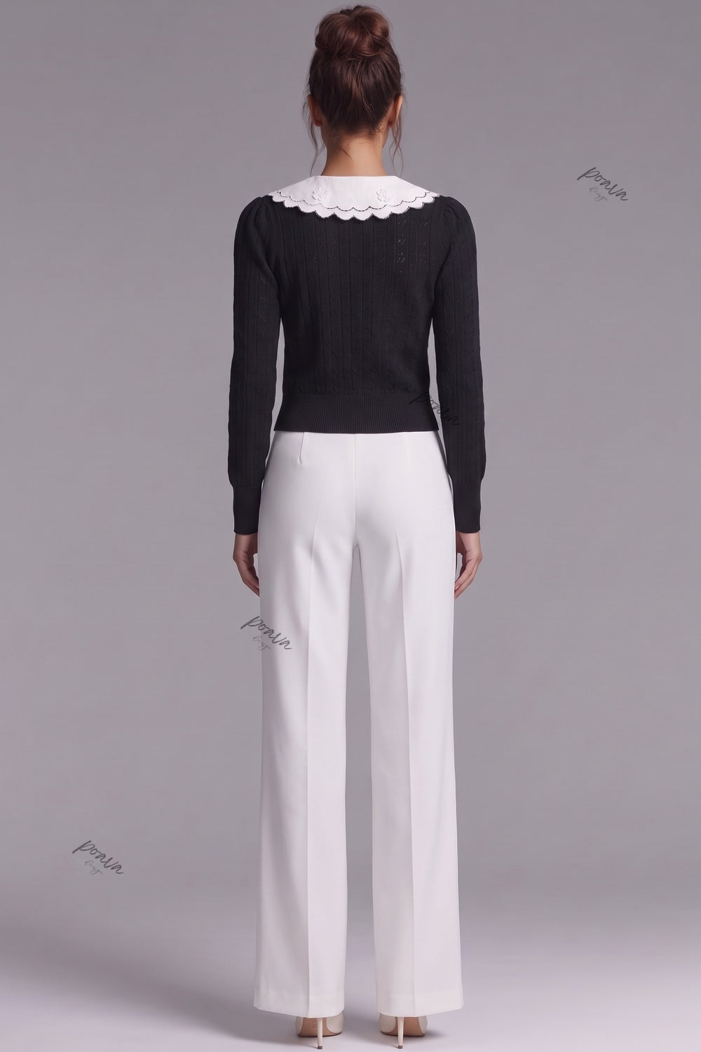 Black Pointelle Knit Cardigan with White Embroidered Collar black fine pointelle knit cardigan - product view 3
