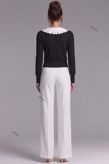 Black Pointelle Knit Cardigan with White Embroidered Collar black fine pointelle knit cardigan - product view 3