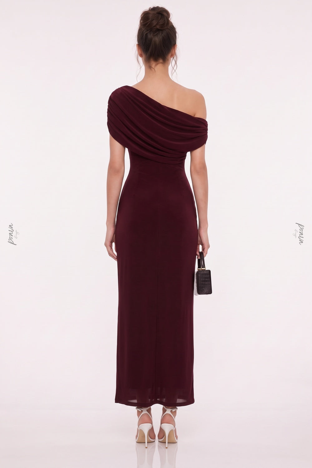 Burgundy Asymmetrical Off-The-Shoulder Ruched Column Dress burgundy lightweight stretch knit dress - product view 3