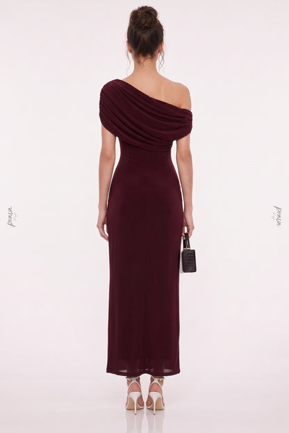 Burgundy Asymmetrical Off-The-Shoulder Ruched Column Dress burgundy lightweight stretch knit dress - product view 3